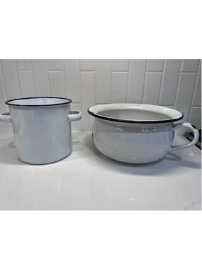 Antique White Enamelware Handled Pot And Chamber Pot Farmhouse
